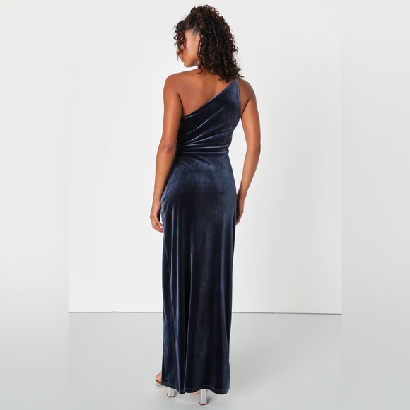 Lulus Elegant Era Dark Slate Blue Velvet One-Shoulder Maxi Dress - Picture 3 of 5
